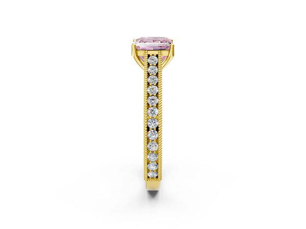 Yellow gold Fancy Pink Princess Cut Cut Pave Band Milgrain Solitaire Ring