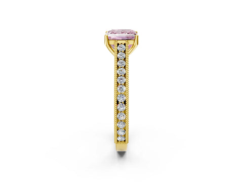 Yellow gold Fancy Pink Princess Cut Cut Pave Band Milgrain Solitaire Ring_2