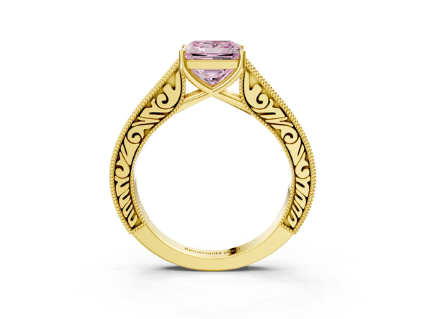 Yellow gold Fancy Pink Princess Cut Cut Pave Band Milgrain Solitaire Ring