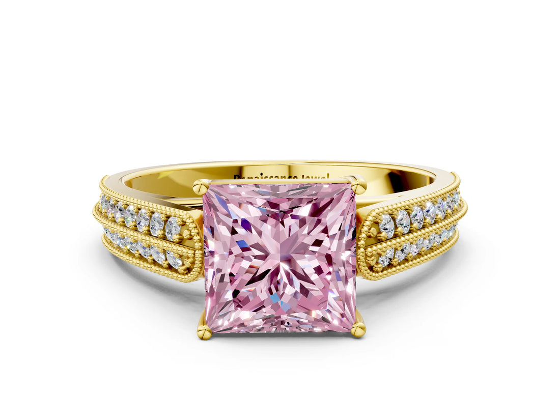 Yellow gold Fancy Pink Princess Cut Cut Pave Split Shank Engagement Ring with Four-Prong Setting