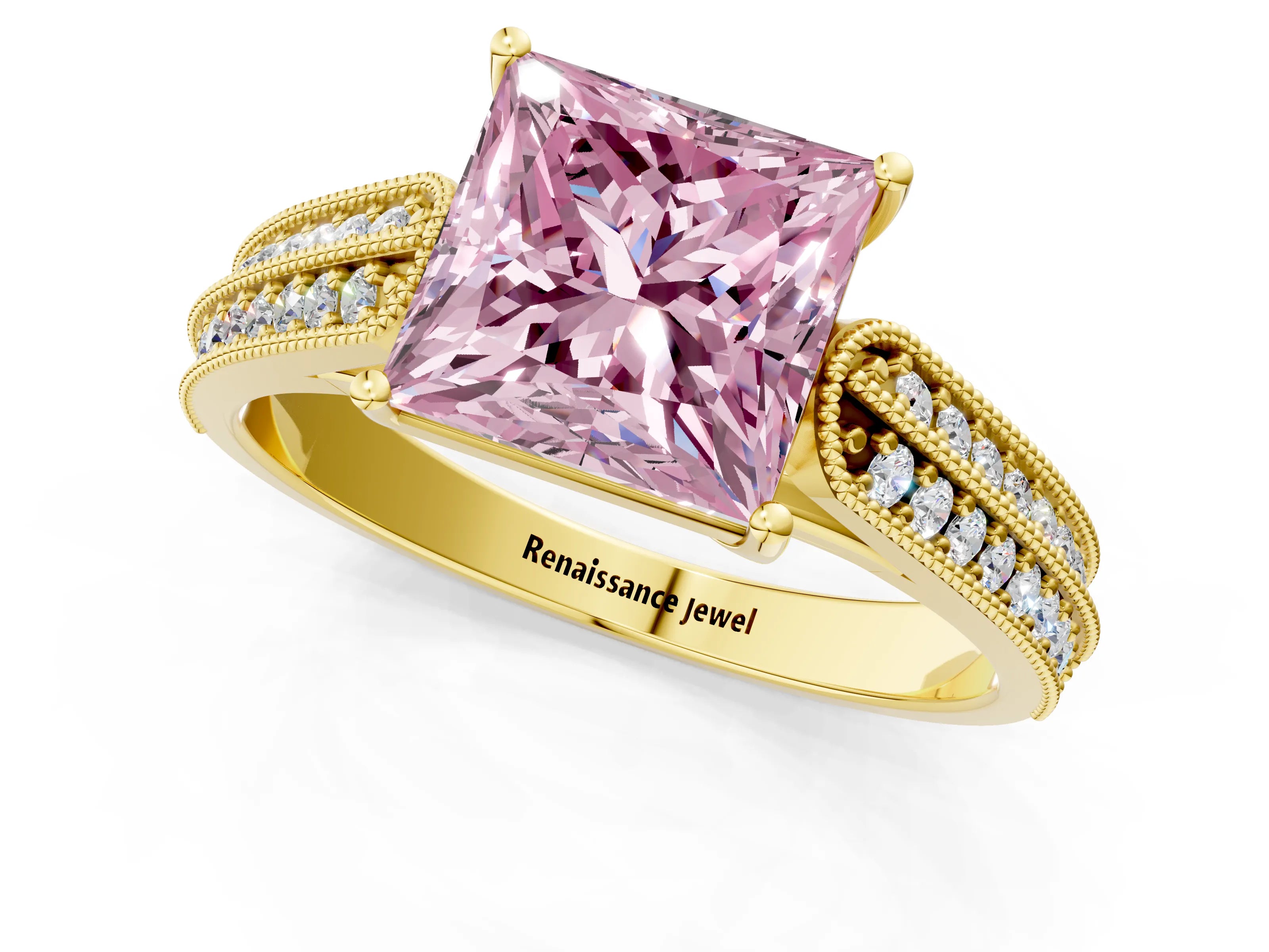 Yellow gold Fancy Pink Princess Cut Cut Pave Split Shank Engagement Ring with Four-Prong Setting_1