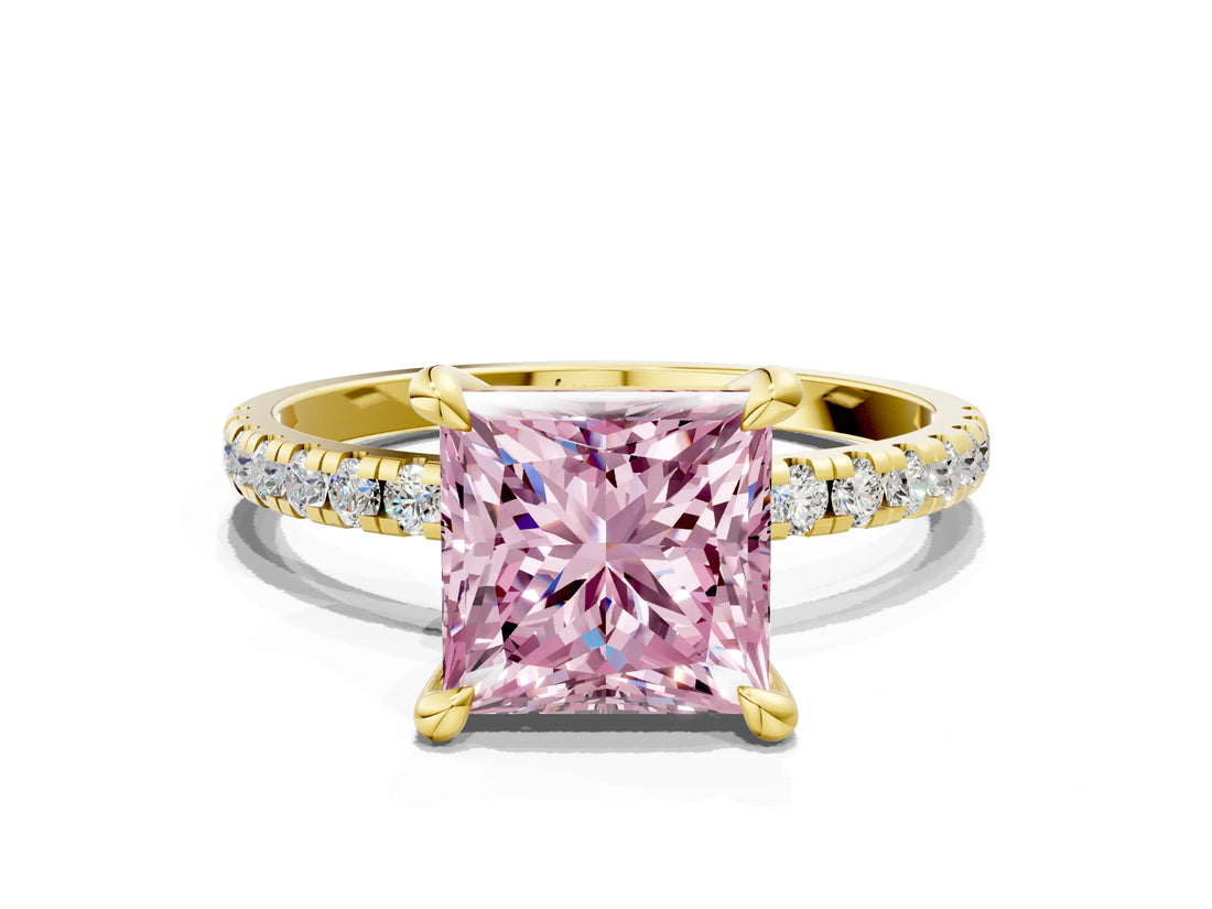 Yellow gold Fancy Pink Princess Cut Diamond Brilliant Solitaire Ring with Pavé Band and Four-Prong Setting