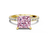 Yellow gold Fancy Pink Princess Cut Diamond Brilliant Solitaire Ring with Pavé Band and Four-Prong Setting