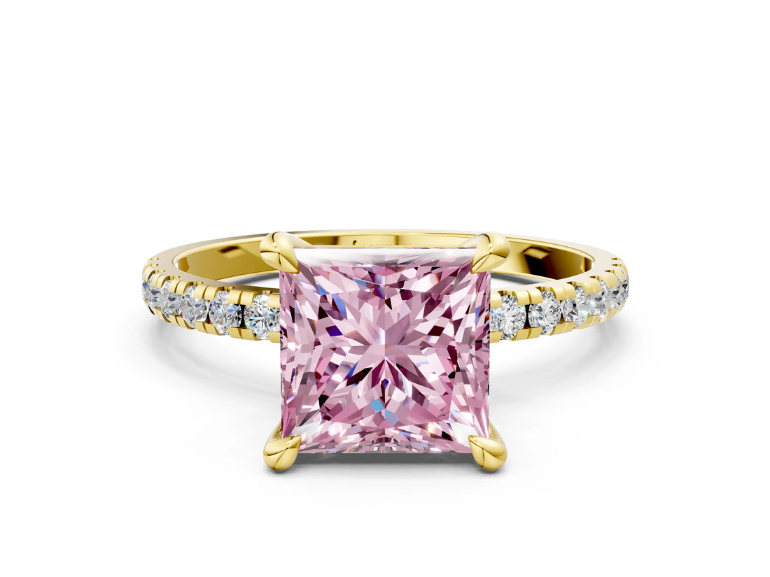Yellow gold Fancy Pink Princess Cut Diamond Brilliant Solitaire Ring with Pavé Band and Four-Prong Setting_24