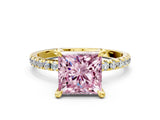 Yellow gold Fancy Pink Princess Cut Diamond Brilliant Solitaire Ring with Pavé Band and Four-Prong Setting_24