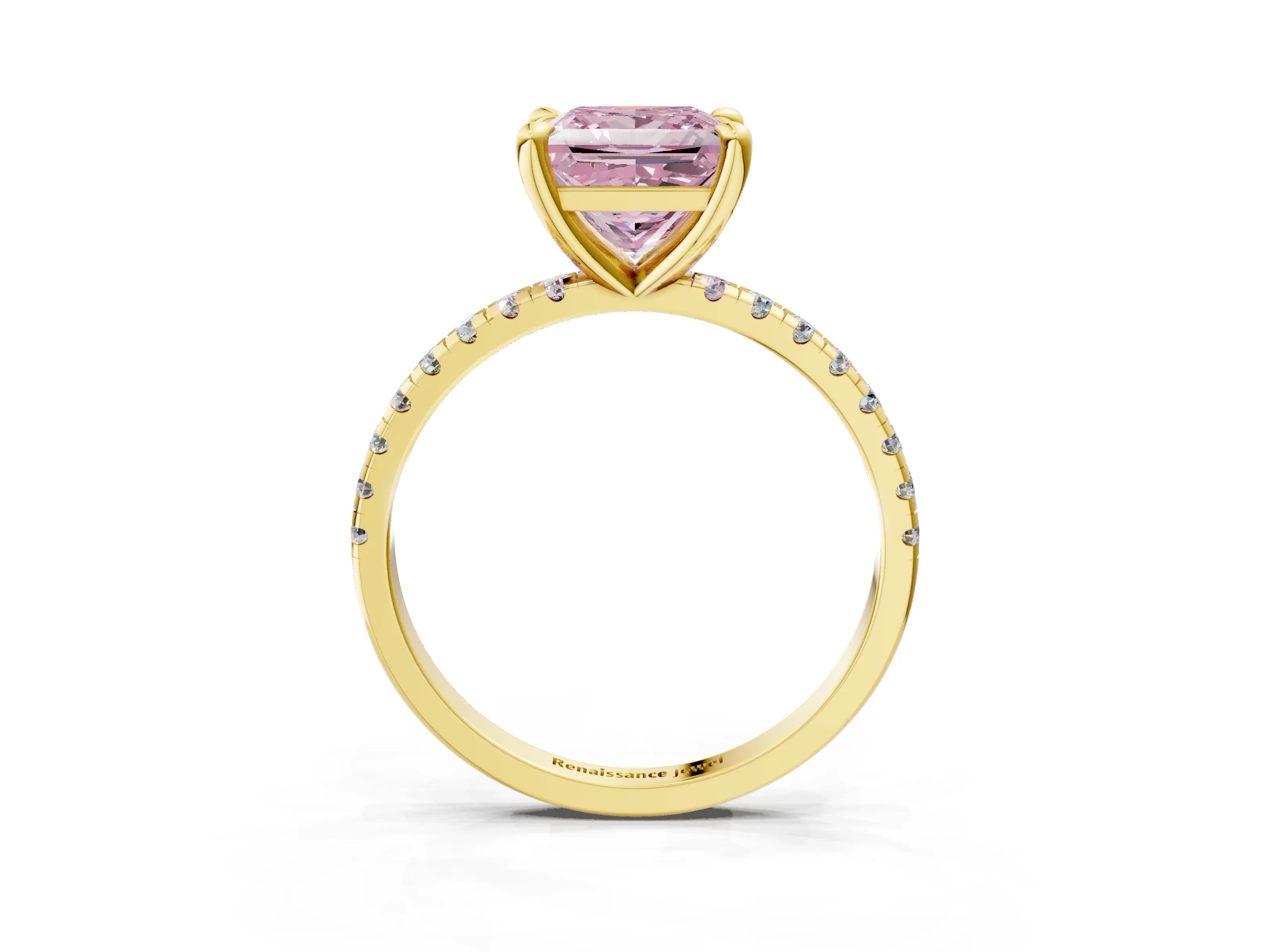 Yellow gold Fancy Pink Princess Cut Diamond Brilliant Solitaire Ring with Pavé Band and Four-Prong Setting_3