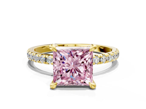 Yellow gold Fancy Pink Princess Cut Diamond Brilliant Solitaire Ring with Pavé Band and Four-Prong Setting