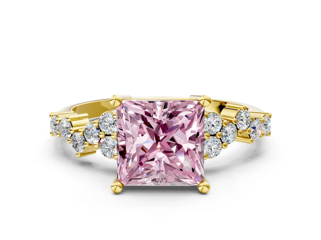 Yellow gold Fancy Pink Princess Cut Diamond Cluster Pavé Band with Four-Prong Setting_12