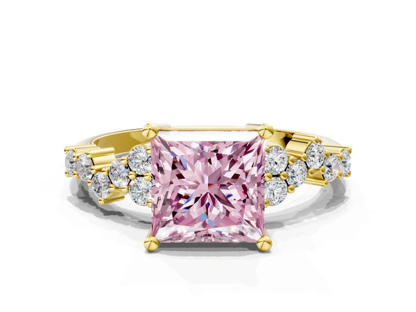Yellow gold Fancy Pink Princess Cut Diamond Cluster Pavé Band with Four-Prong Setting