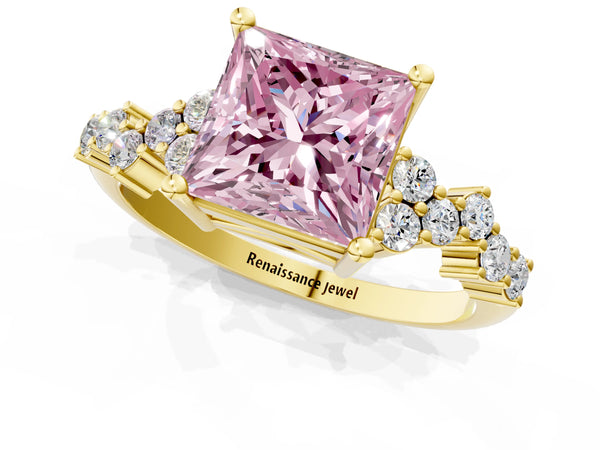 Yellow gold Fancy Pink Princess Cut Diamond Cluster Pavé Band with Four-Prong Setting