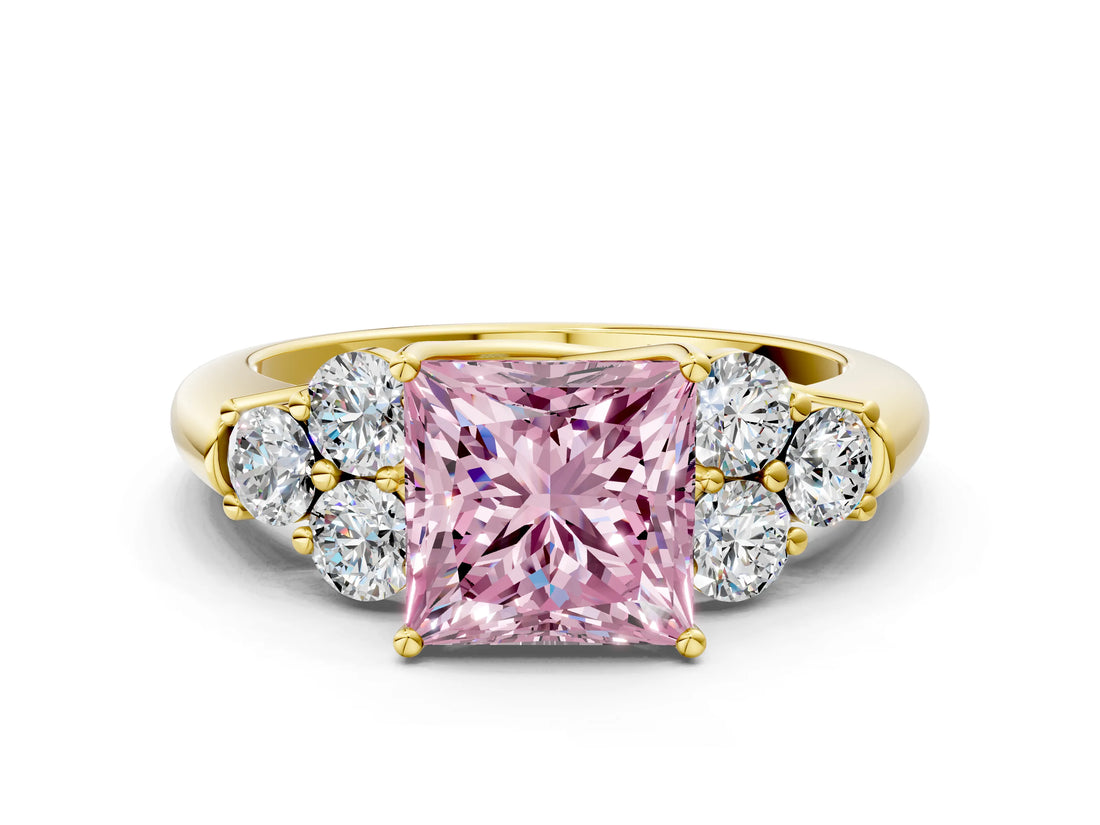 Yellow gold Fancy Pink Princess  Cut Diamond Cluster Ring with Round Accent Stones and Prong Setting on a Classic Band_30