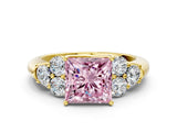 Yellow gold Fancy Pink Princess  Cut Diamond Cluster Ring with Round Accent Stones and Prong Setting on a Classic Band_30