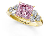 Yellow gold Fancy Pink Princess  Cut Diamond Cluster Ring with Round Accent Stones and Prong Setting on a Classic Band_31