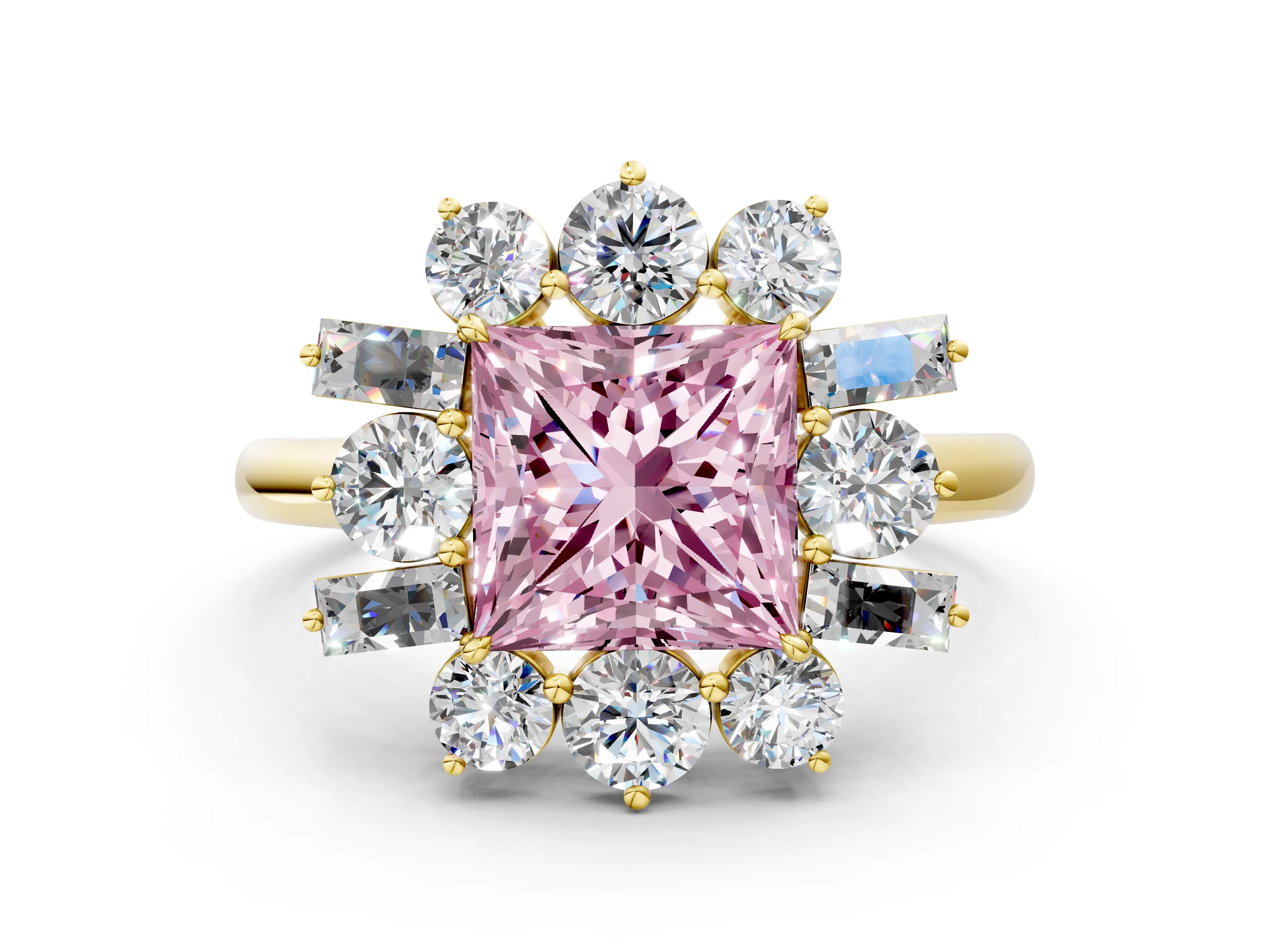 Yellow gold Fancy Pink Princess Cut Diamond Cluster Ring with Round and Baguette Stones, Split Shank Band, Prong Setting