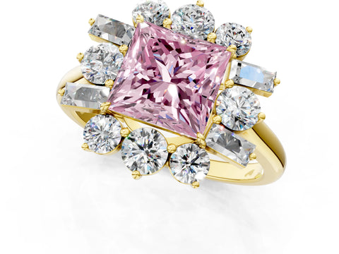 Yellow gold Fancy Pink Princess Cut Diamond Cluster Ring with Round and Baguette Stones, Split Shank Band, Prong Setting_1