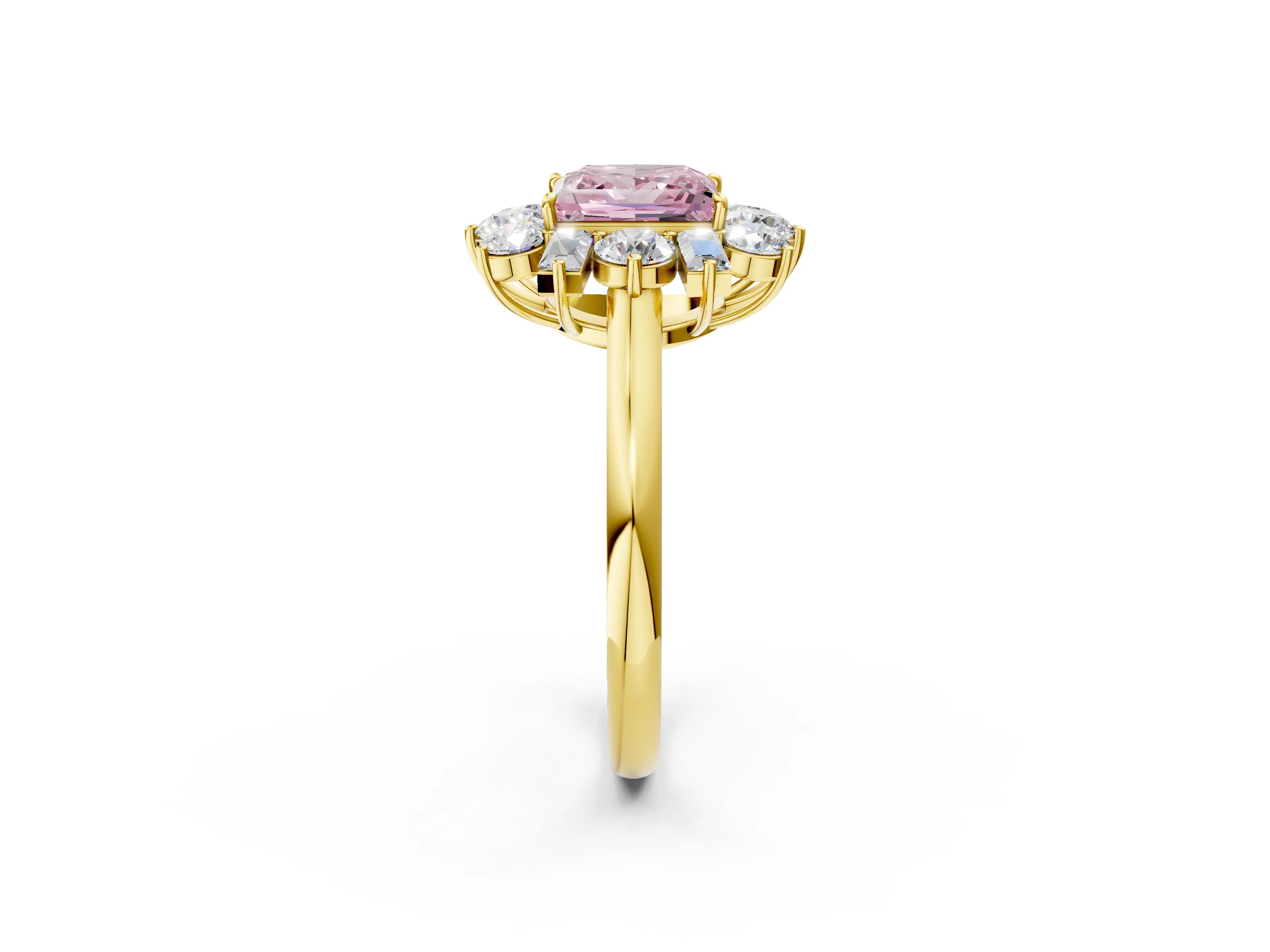 Yellow gold Fancy Pink Princess Cut Diamond Cluster Ring with Round and Baguette Stones, Split Shank Band, Prong Setting_2