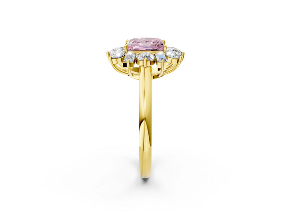 Yellow gold Fancy Pink Princess Cut Diamond Cluster Ring with Round and Baguette Stones, Split Shank Band, Prong Setting