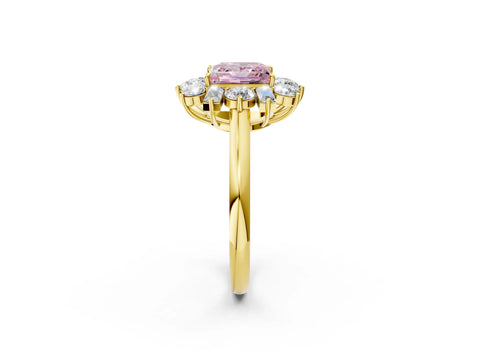 Yellow gold Fancy Pink Princess Cut Diamond Cluster Ring with Round and Baguette Stones, Split Shank Band, Prong Setting_2