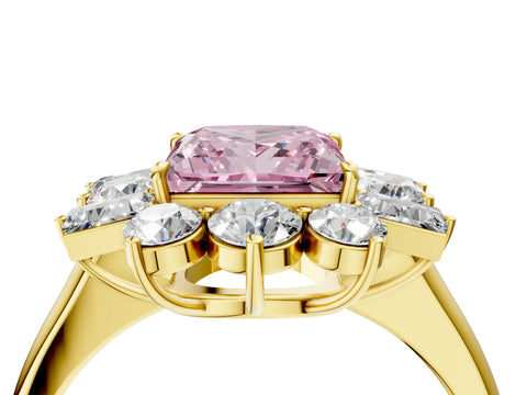 Yellow gold Fancy Pink Princess Cut Diamond Cluster Ring with Round and Baguette Stones, Split Shank Band, Prong Setting_4