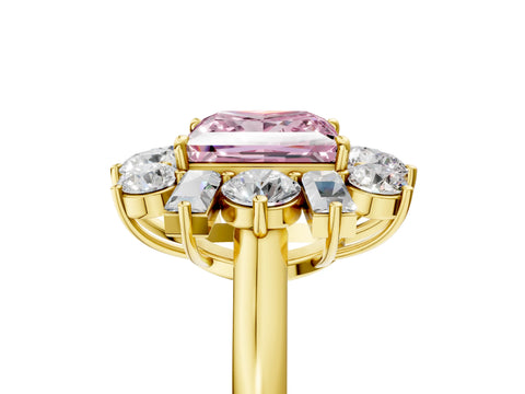 Yellow gold Fancy Pink Princess Cut Diamond Cluster Ring with Round and Baguette Stones, Split Shank Band, Prong Setting_5