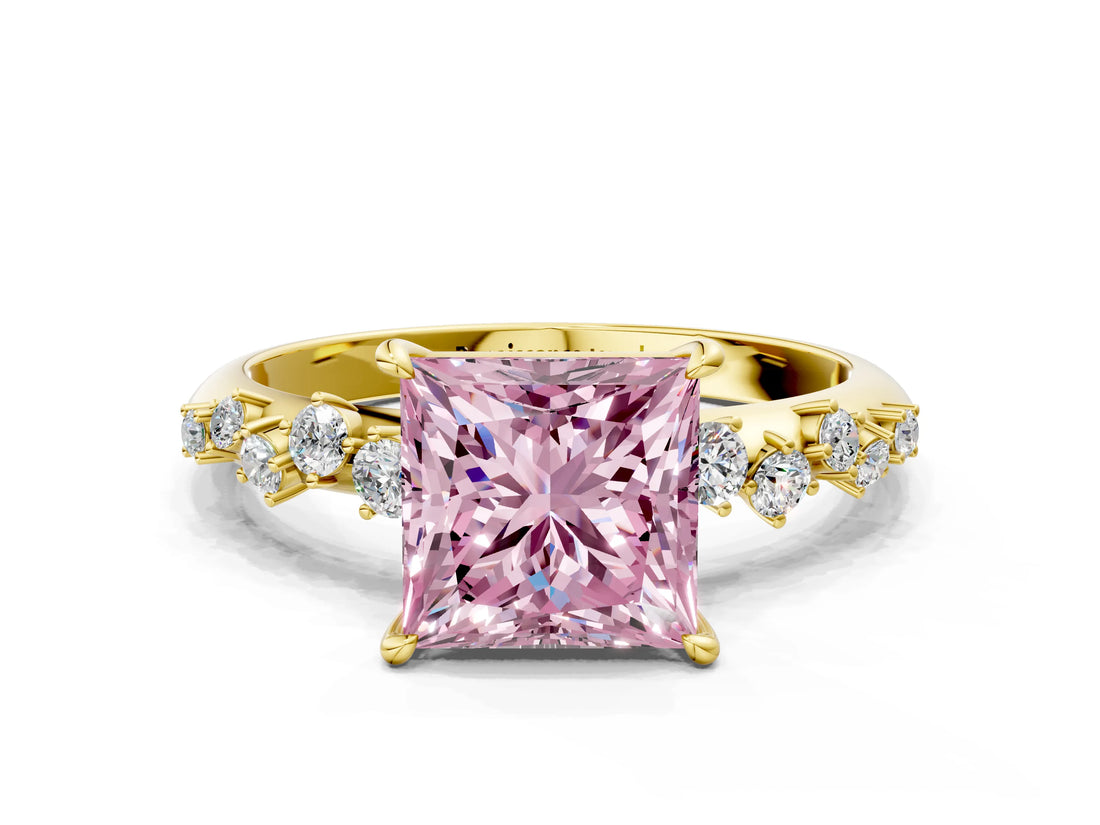 Yellow gold Fancy Pink Princess Cut Diamond Cluster Side Stone Solitaire Ring with Prong Setting_29