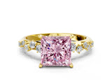 Yellow gold Fancy Pink Princess Cut Diamond Cluster Side Stone Solitaire Ring with Prong Setting_29