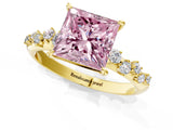 Yellow gold Fancy Pink Princess Cut Diamond Cluster Side Stone Solitaire Ring with Prong Setting_30