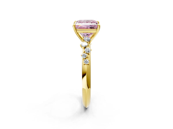 Yellow Gold Princess Cut Graduated Cluster Engagement Ring Setting for Fancy Pink Center