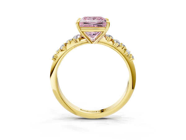 Yellow Gold Princess Cut Graduated Cluster Engagement Ring Setting for Fancy Pink Center