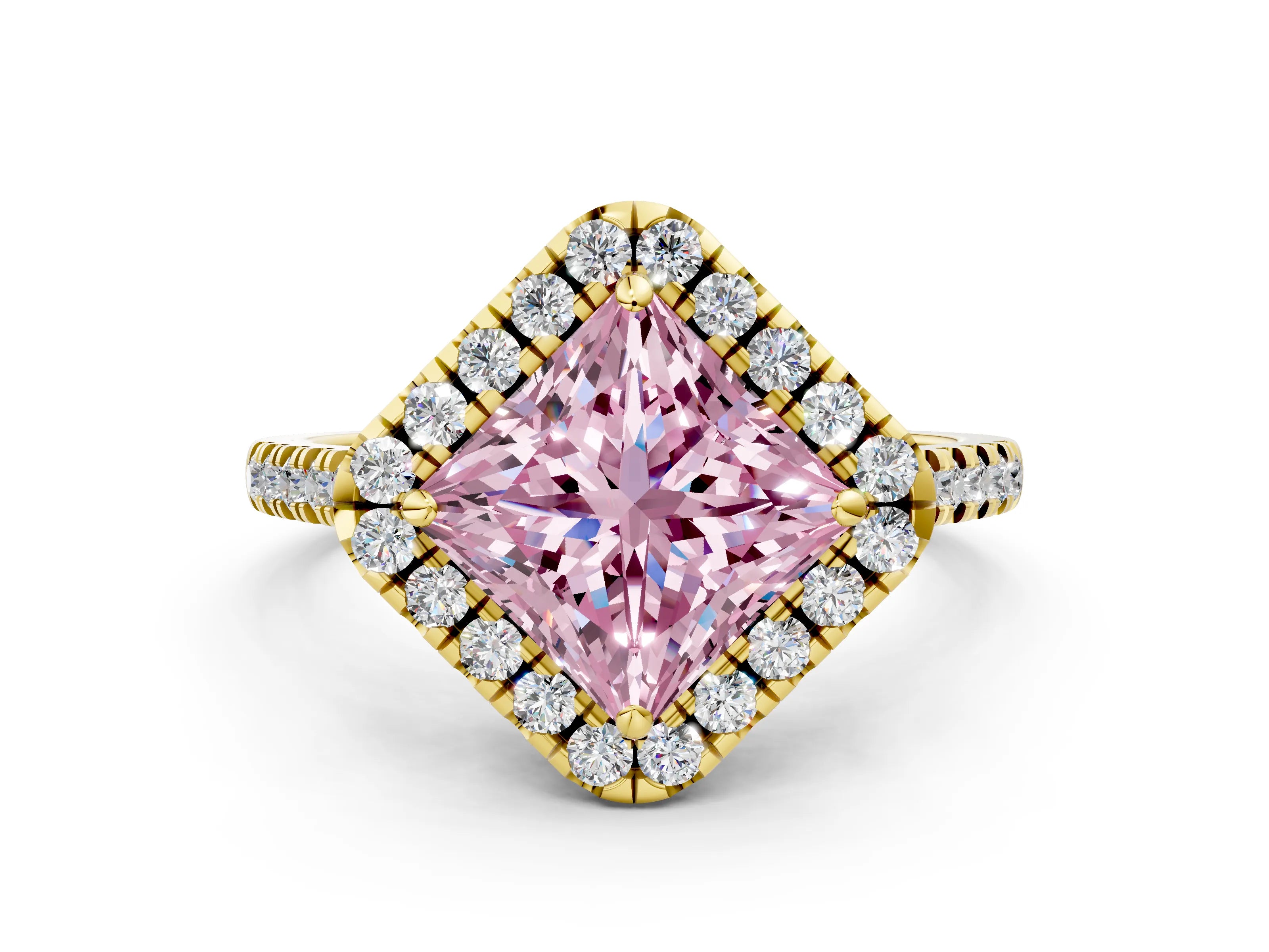 Yellow gold Fancy Pink Princess Cut Diamond Cushion Halo Ring with Pavé Band