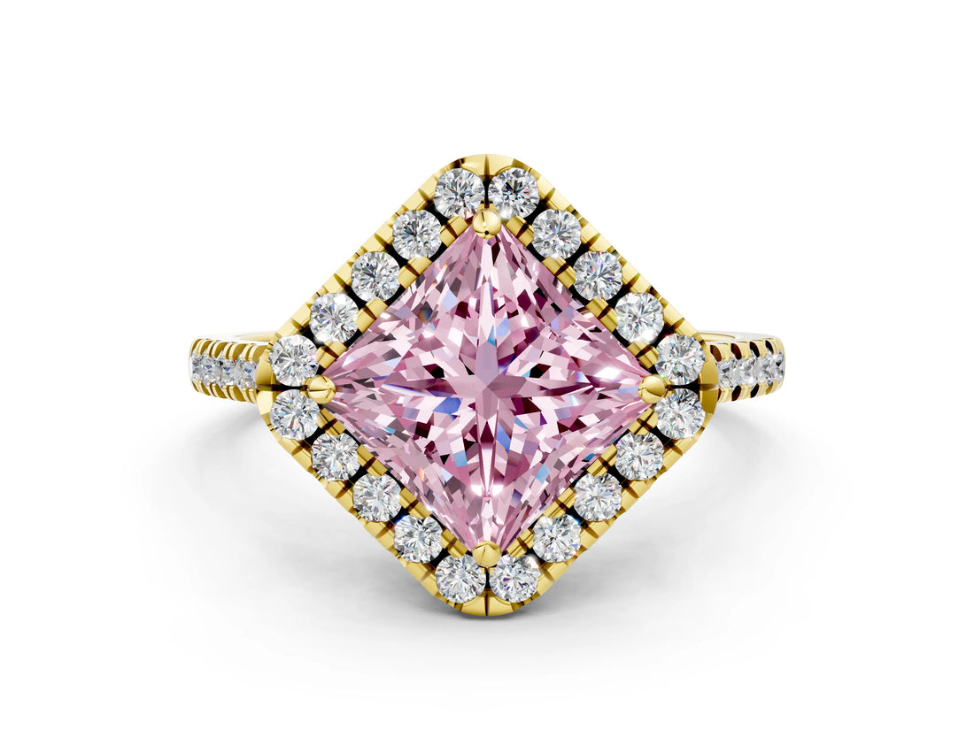 Yellow gold Fancy Pink Princess Cut Diamond Cushion Halo Ring with Pavé Band