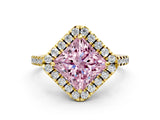 Yellow gold Fancy Pink Princess Cut Diamond Cushion Halo Ring with Pavé Band