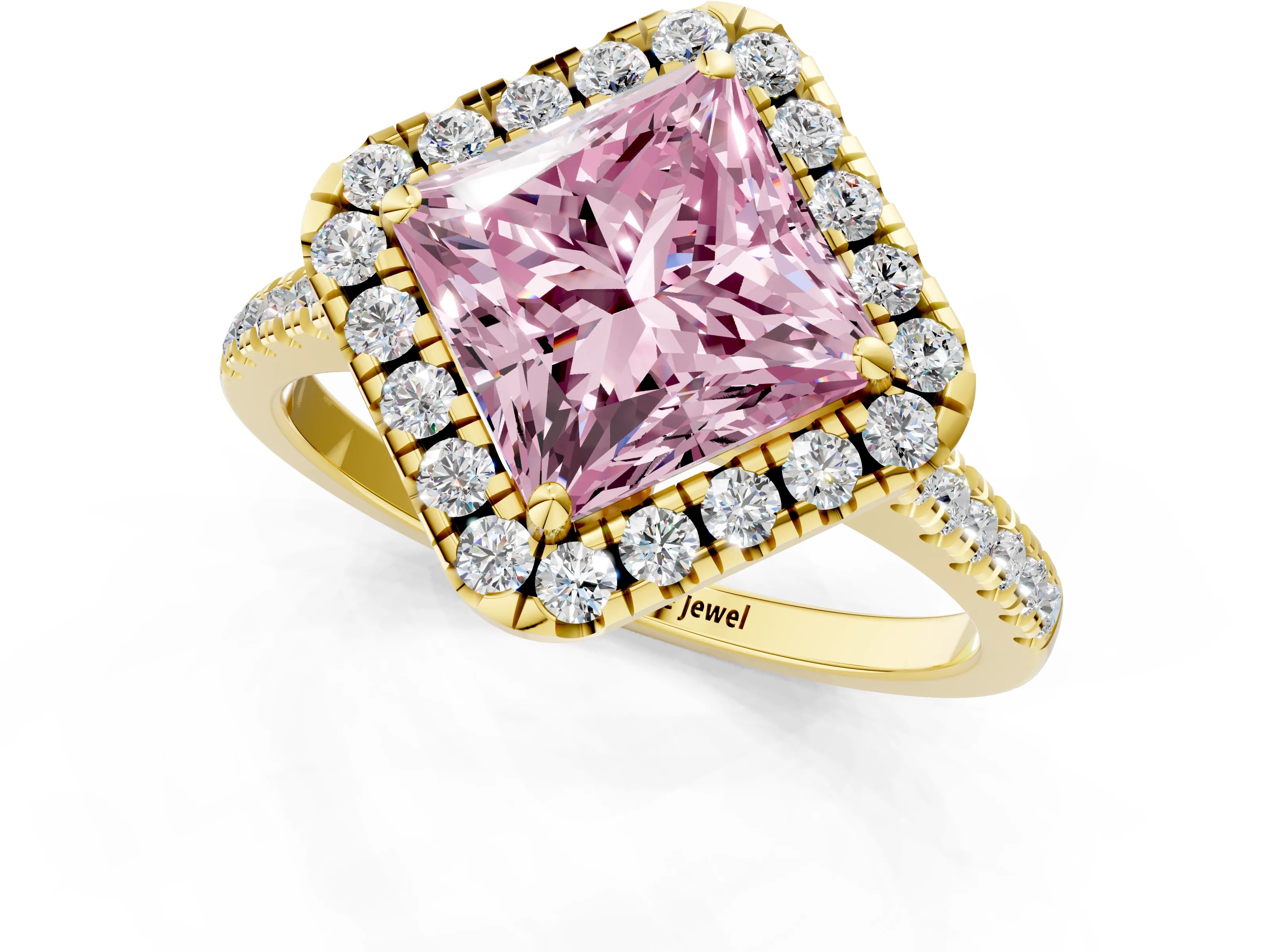 Yellow gold Fancy Pink Princess Cut Diamond Cushion Halo Ring with Pavé Band_1