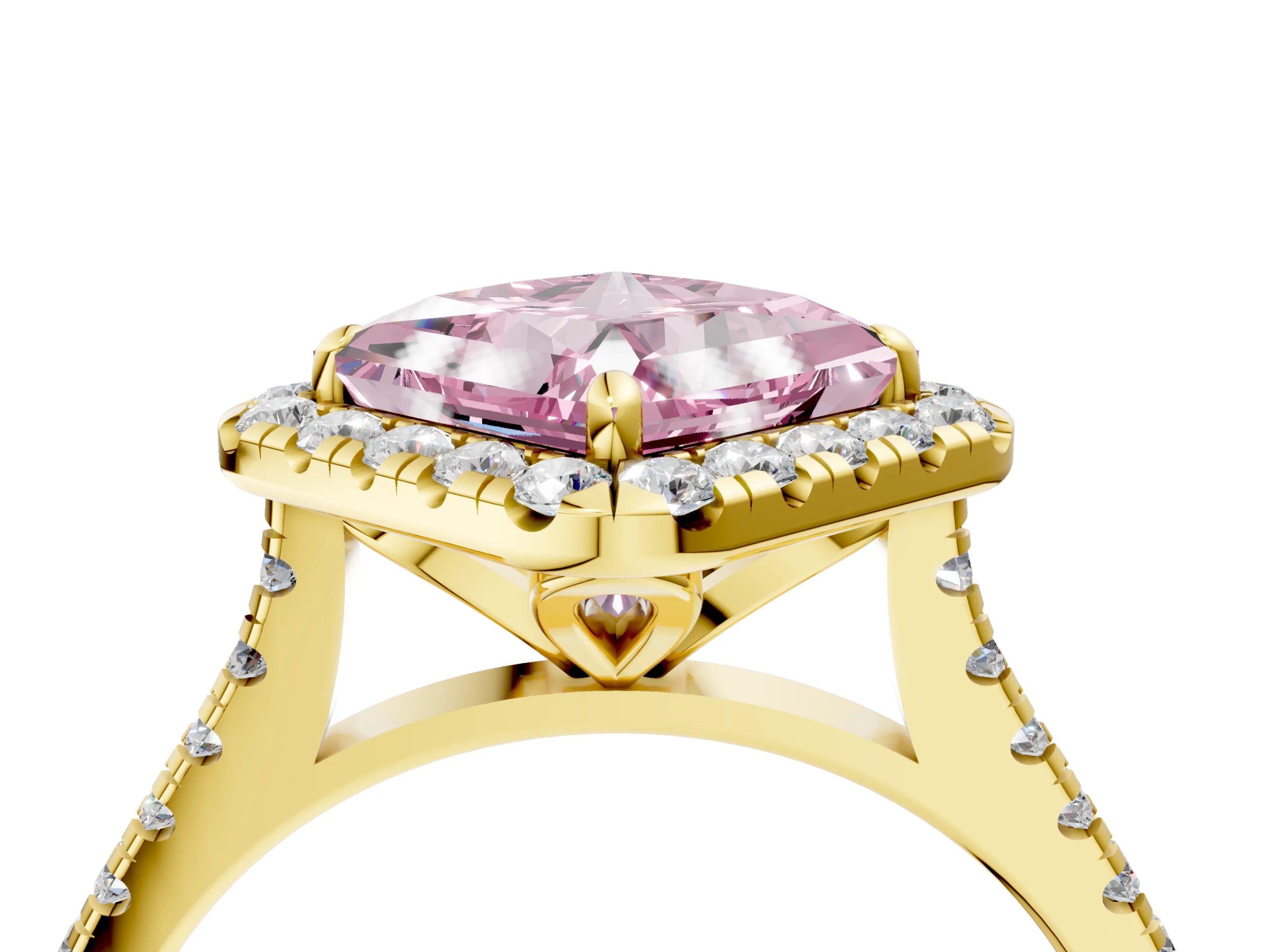 Yellow gold Fancy Pink Princess Cut Diamond Cushion Halo Ring with Pavé Band_4