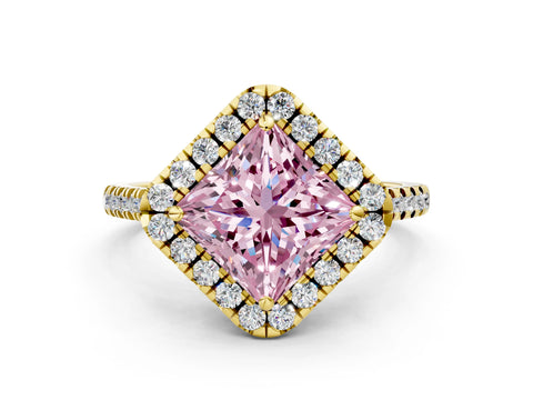 Yellow gold Fancy Pink Princess Cut Diamond Cushion Halo Ring with Pavé Band