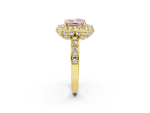 Yellow gold Fancy Pink Princess Cut Diamond Double Halo Ring with Pavé Band and Four-Prong Setting