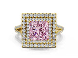 Yellow gold Fancy Pink Princess Cut Diamond Double Halo Ring with Pavé Band and Prong Setting_17