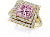 Yellow gold Fancy Pink Princess Cut Diamond Double Halo Ring with Pavé Band and Prong Setting_18
