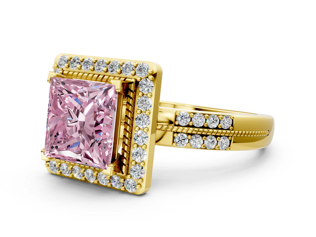 Yellow gold Fancy Pink Princess Cut Diamond Double Halo Ring with Split Shank and Four-Prong Setting