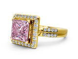 Yellow gold Fancy Pink Princess Cut Diamond Double Halo Ring with Split Shank and Four-Prong Setting