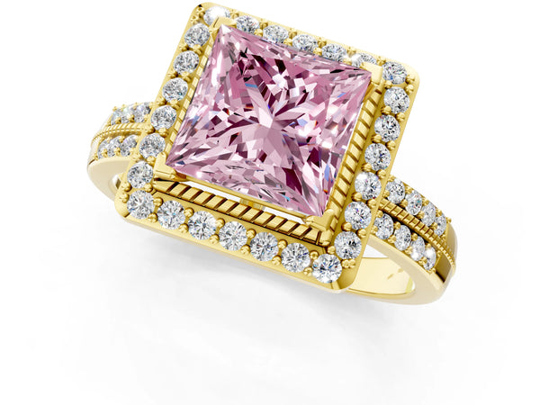 Yellow gold Fancy Pink Princess Cut Diamond Double Halo Ring with Split Shank and Four-Prong Setting