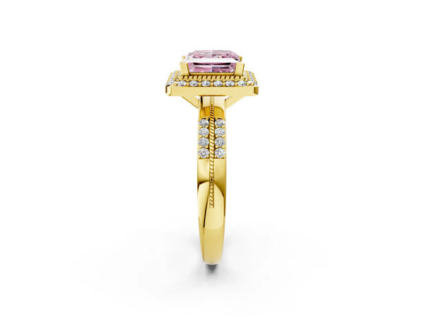 Yellow gold Fancy Pink Princess Cut Diamond Double Halo Ring with Split Shank and Four-Prong Setting