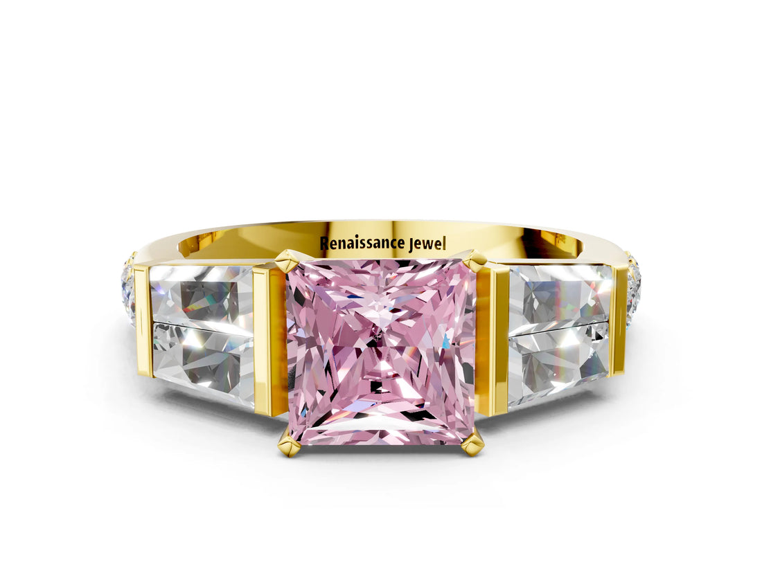 Yellow gold Fancy Pink Princess Cut Diamond Engagement Ring with Baguette Side Stones and Channel Set Band_17
