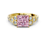 Yellow gold Fancy Pink Princess  Cut Diamond Engagement Ring with Bezel Set Round Side Stones and Prong Setting_48