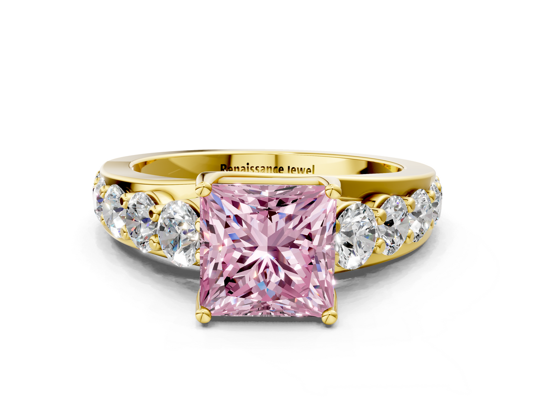 Yellow gold Fancy Pink Princess  Cut Diamond Engagement Ring with Pavé Band and Four-Prong Setting_3