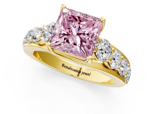 Yellow gold Fancy Pink Princess Cut Diamond Engagement Ring with Pavé Band and Four-Prong Setting