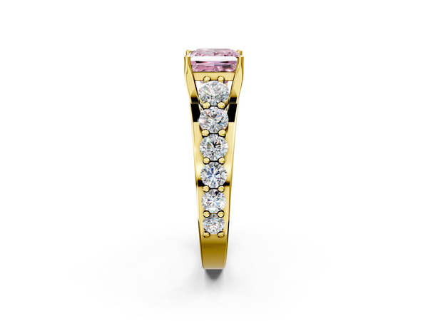 Yellow gold Fancy Pink Princess Cut Diamond Engagement Ring with Pavé Band and Four-Prong Setting