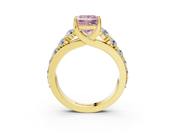Yellow gold Fancy Pink Princess Cut Diamond Engagement Ring with Pavé Band and Four-Prong Setting