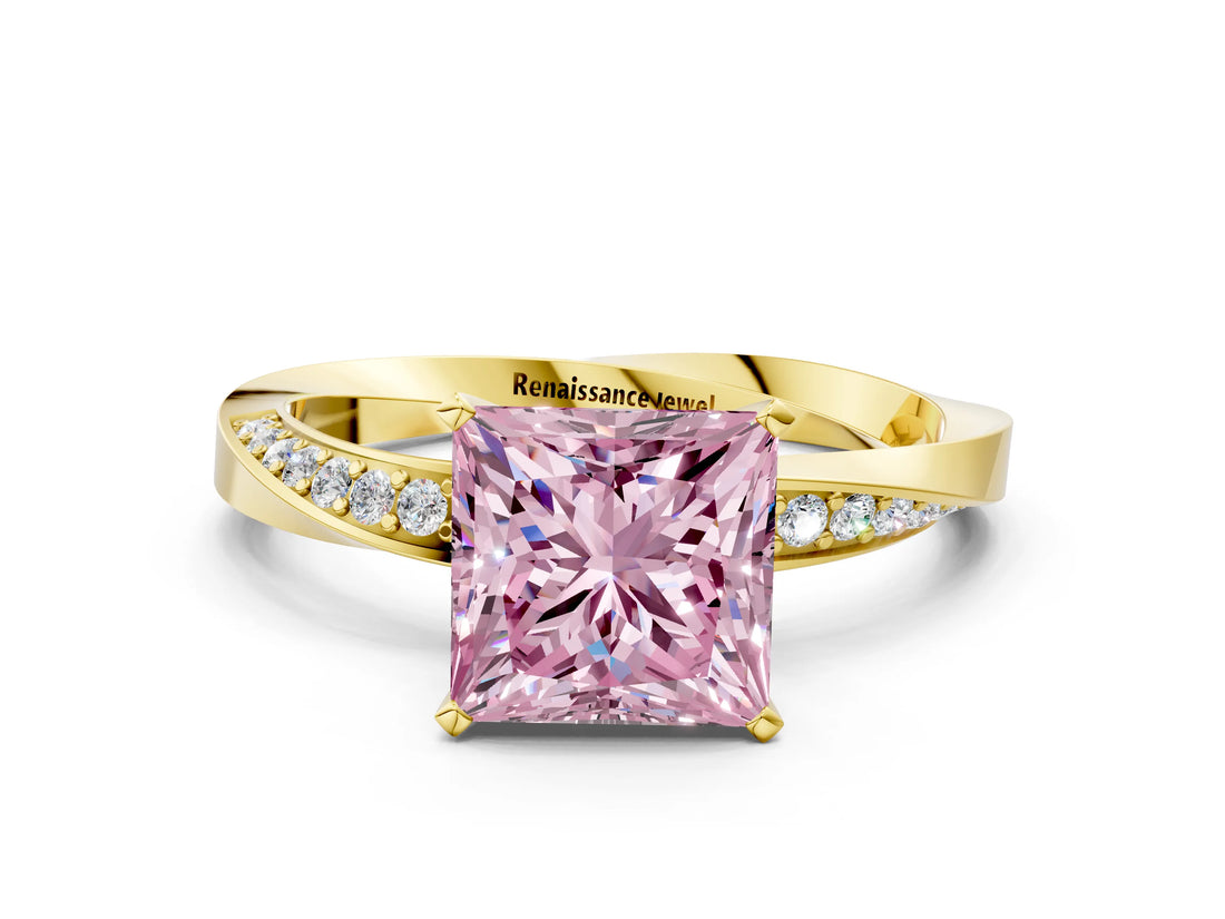 Yellow gold Fancy Pink Princess Cut Diamond Engagement Ring with Side Stone Accents and Four-Prong Setting_12