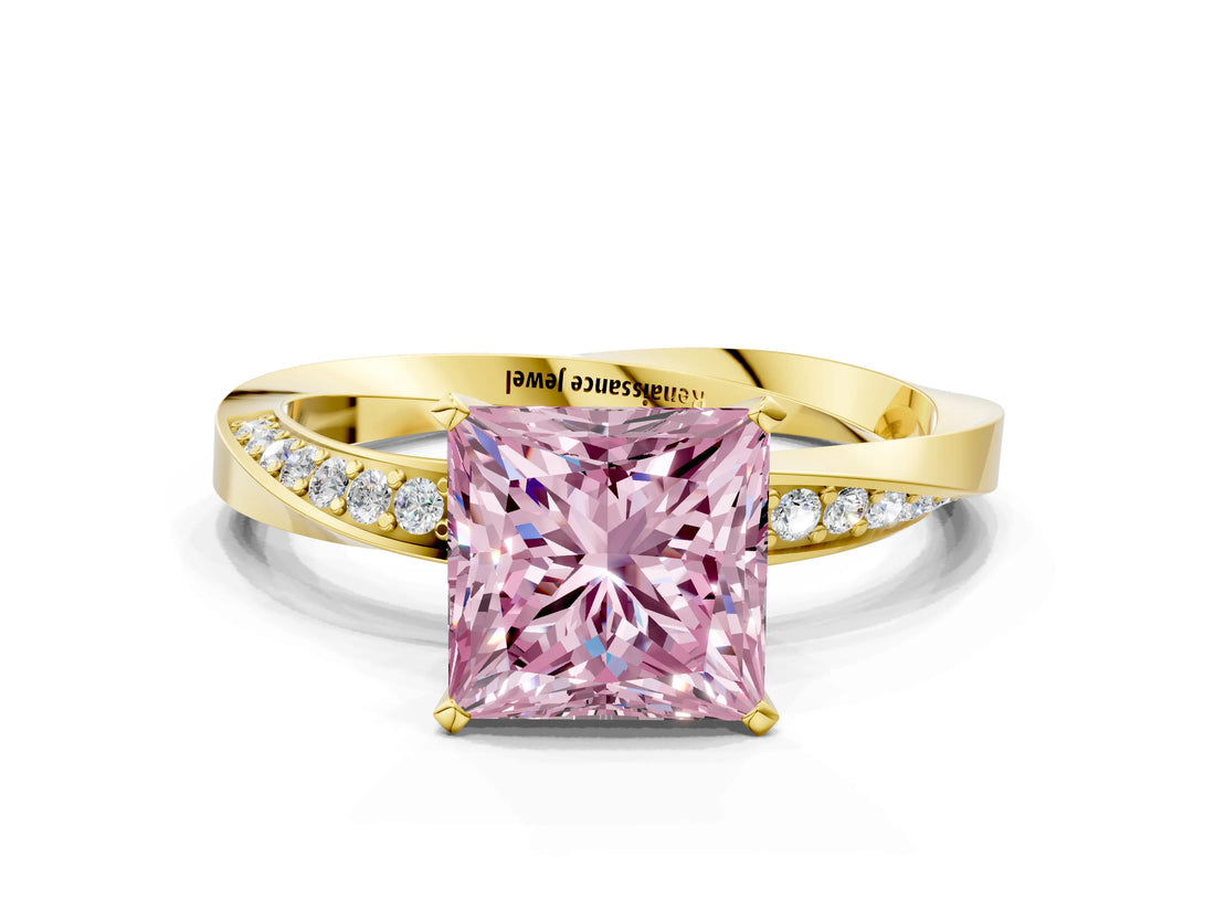 Yellow gold Fancy Pink Princess Cut Diamond Engagement Ring with Side Stone Accents and Four-Prong Setting_96
